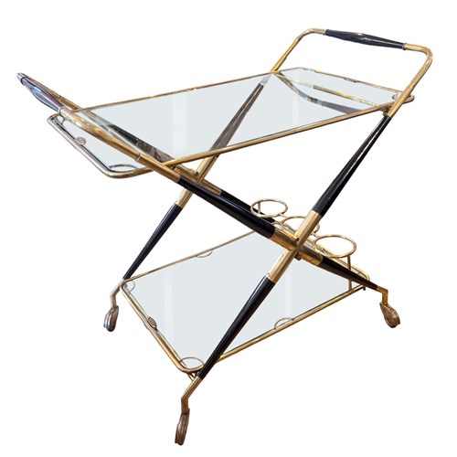 Italian Midcentury Bar Cart - Lift Off Trays And Folds Down, 3 Bottle Holders