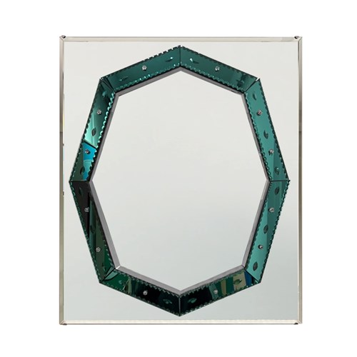 British Art Deco Mirror With Green Glass Detail
