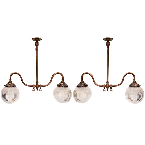 Pair Of 1930S British Hanging Lights With Ribbed Holophane Shades