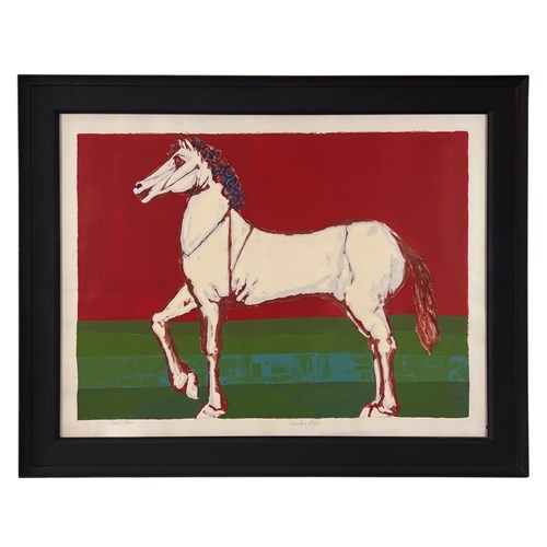 Large Framed Lithograph Of A Horse, Signed "Saulo 1970"