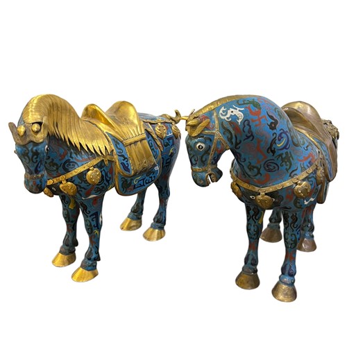 Pair 1960S Chinese Copper, Enamel & Gilt Horses