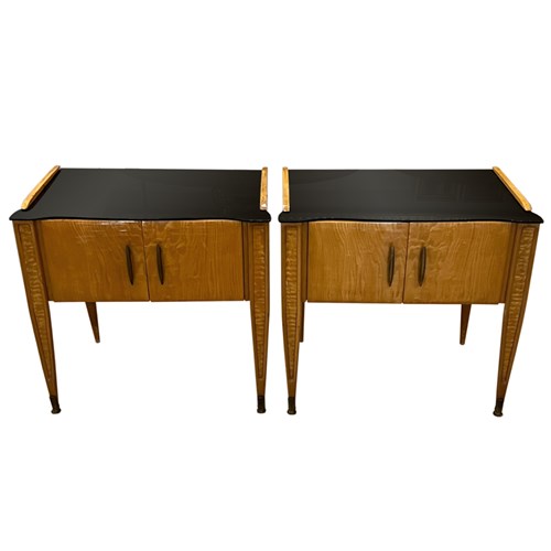 Pair Of Italian 1950S Nightstands With Black Glass Tops