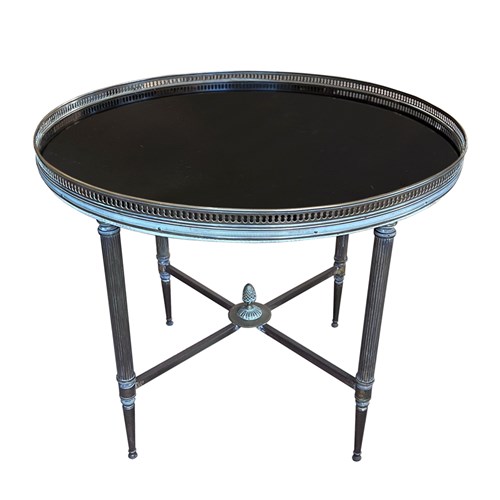 Maison Jansen Style Round Brass Side Table With Black Glass, French 1960S