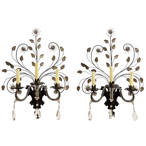 Large Pair Of French Baguès Style Wall Sconces With Flowers & Leaves