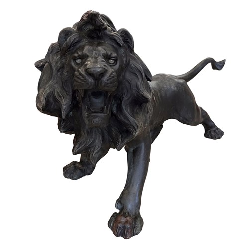 Large Japanese Signed Bronze Lion Sculpture, 19Th Century