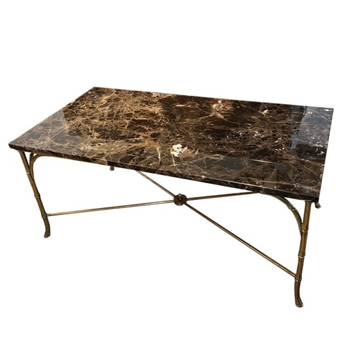 Faux Bamboo Brass Mid Century Coffee Table, Marble Top
