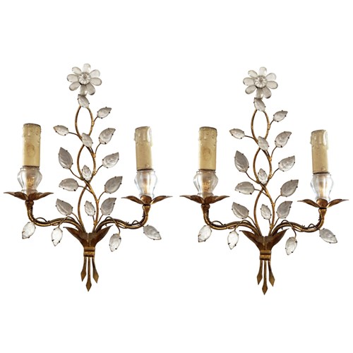 Pair Of 1950S Maison Baguès Wall Sconces With Flowers And Leaves