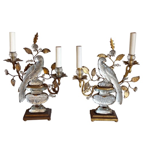 A Rare Pair Of Maison Bagùes Table Lamps With Parrots And Urns