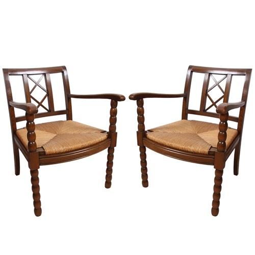 Pair Of French 1940S Walnut And Rush Chairs