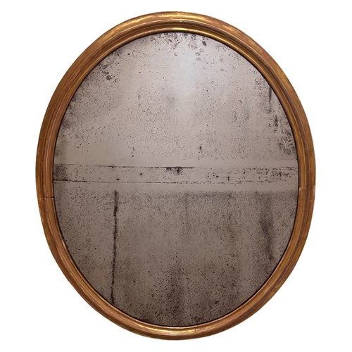 Large Antique Giltwood Oval Mirror With Original Glass, French 19Th Century