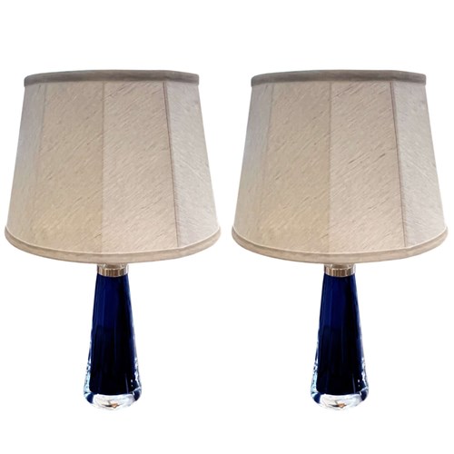 Pair Of 1960S Blue Swedish Orrefors Glass Table Lamps