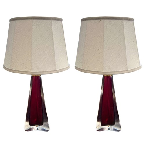 Pair Of 1960S Cranberry Swedish Orrefors Glass Table Lamps