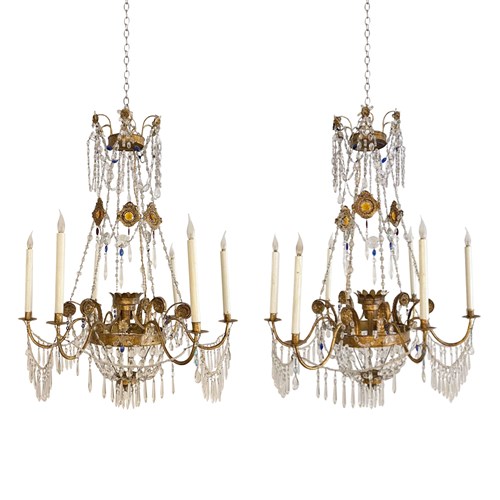 Pair Of Italian 1960S Decorative Chandeliers With Gilt Metal And Coloured Glass