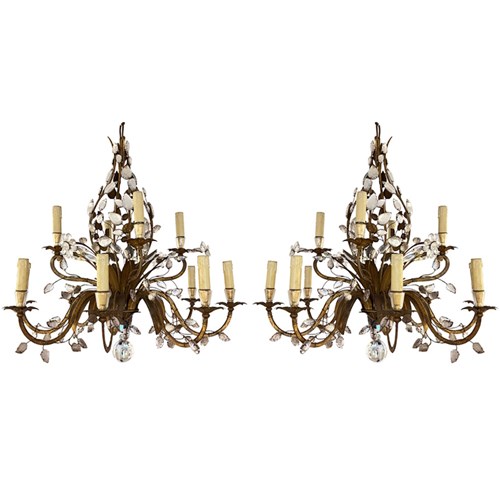 Pair Of Large Maison Baguès Gilt Metal And Crystal Chandeliers With Twelve Arms