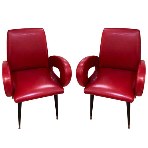 Pair Of 1950S Italian Red Leather Arm / Bridge Chairs