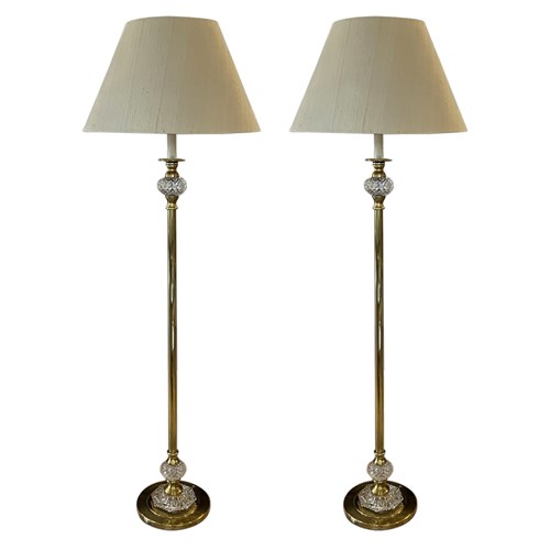 Pair Brass & Crystal 1960S Floor Lamps