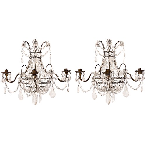 Pair Of Large 1920S French Gilt Metal And Glass Three Arm Wall Sconces