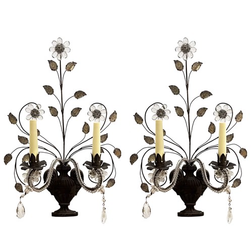 Pair Of 1920S Baguès Style Wall Sconces With Leaves And Flowers