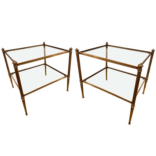 Pair Of Midcentury Brass Side Tables, Two Tier With Clear Glass, French