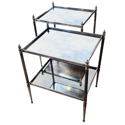 Pair Of French Midcentury Silver Plated Brass And Eglomise Glass Side Tables