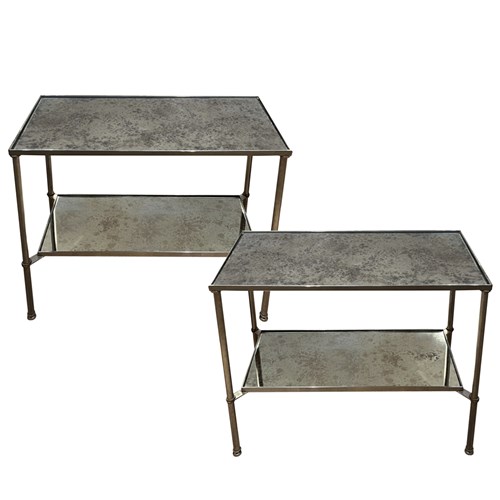 Pair Of French 1960S Silver And Eglomise Glass Two Tier Side Tables