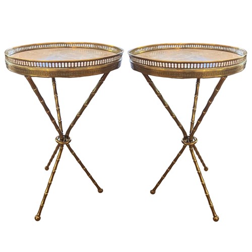 Pair Of Midcentury Brass & Marble Faux Bamboo Tripod Side Tables, French