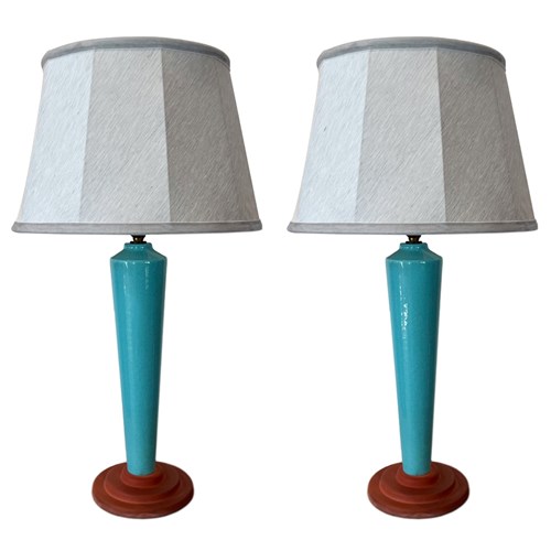 Pair Of Midcentury Turquoise Ceramic Table Lamps