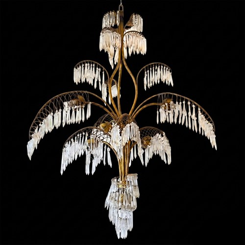 French 1950S Palm Chandelier, Brass And Glass With Seven Lights