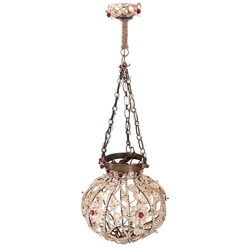 Small 1950S Italian Hanging Light, Decorative With Red And Clear Glass Beads