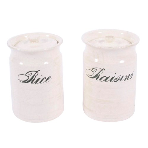 English Early 20Th Century Rice And Raisins Ceramic Jars With Green Writing