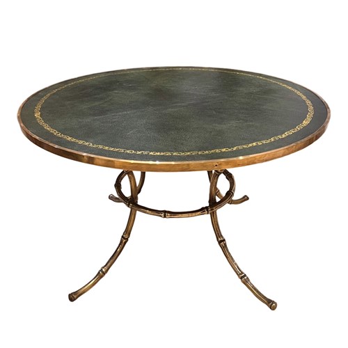 Midcentury Brass Faux Bamboo Table With Green Tooled Leather Top, French 1960S
