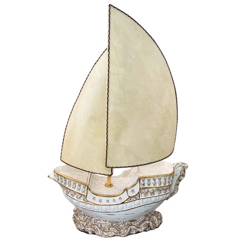 Large Italian 1970S Galleon Table Lamp With Parchment Sail Shades
