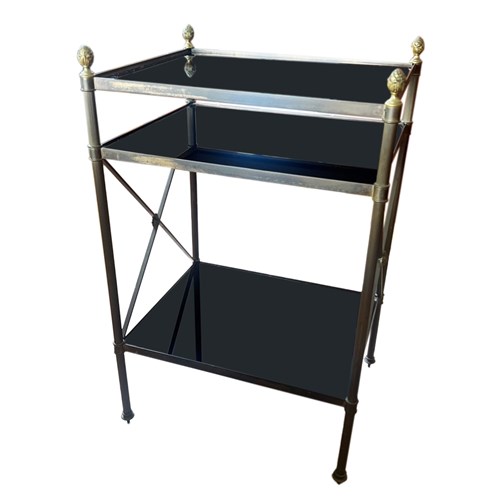 Single French Midcentury Three Tier Table With Black Glass
