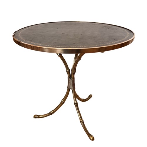 French Midcentury Faux Bamboo Brass Side Table With Tooled Leather Top