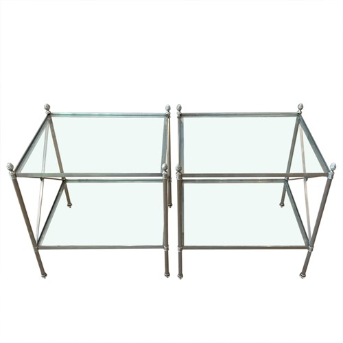 Pair French Midcentury Steel & Glass Side Tables