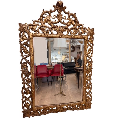 Large Decorative Carved Giltwood Wall Mirror With Vines, French 19Th Century