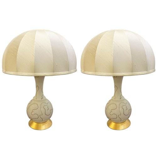 Pair Italian White Glass Table Lamps, Gold Detail