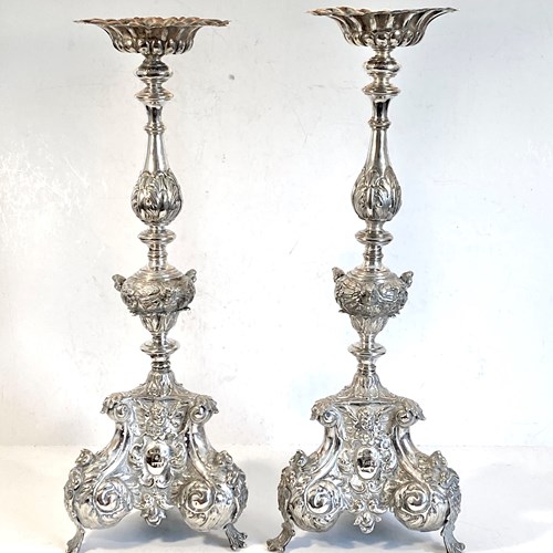 Pair Of Antique French Silver Plated Altar Candlesticks