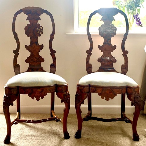 Pair Of Dutch 18Th Century Marquetry Decorated Walnut Chairs