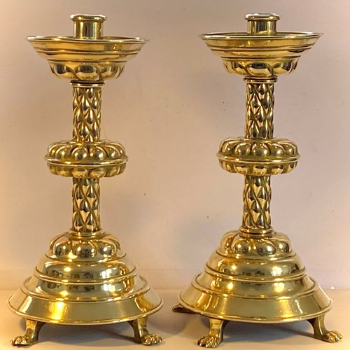 Brass Candlesticks In Gothic Revival Form