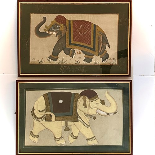 Pair Of Oils On Silk Of Elephants