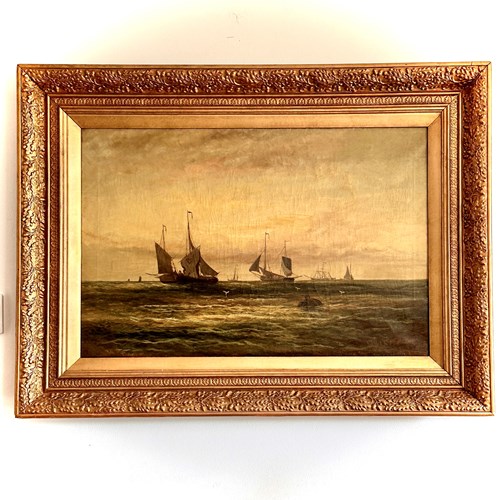 Oil On Canvas By Wm Rogers, Ships At Sunset, 19Thc