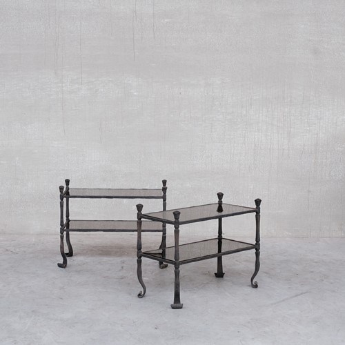 Pair of Mid-Century Brutalist Iron and Glass Table