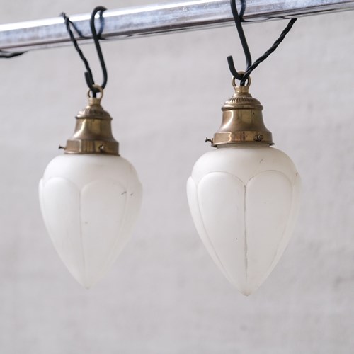 Pair Of Opaque Glass And Brass French Opaline Pendants 