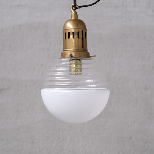 Two Tone Glass And Brass Mid-Century French Pendant Light