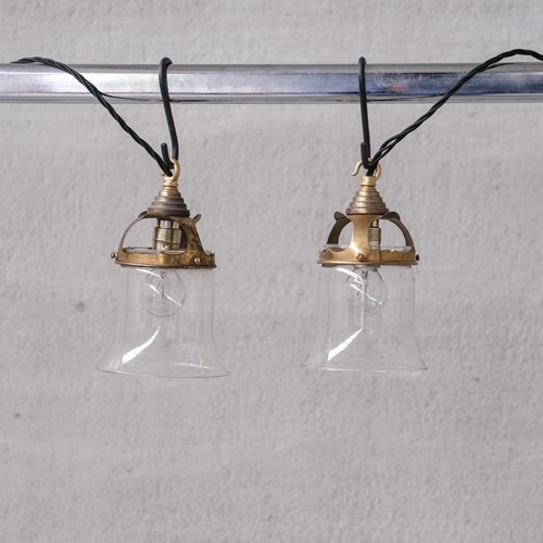 Pair Of Mid-Century French Bell Shaped Clear Glass And Brass Pendants 