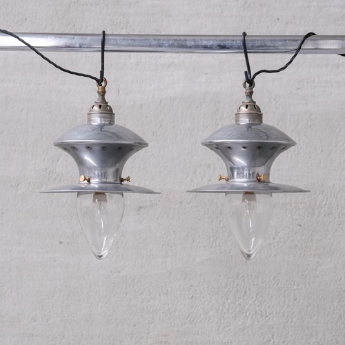 Pair Of Mid-Century French Metal And Glass Pendants 
