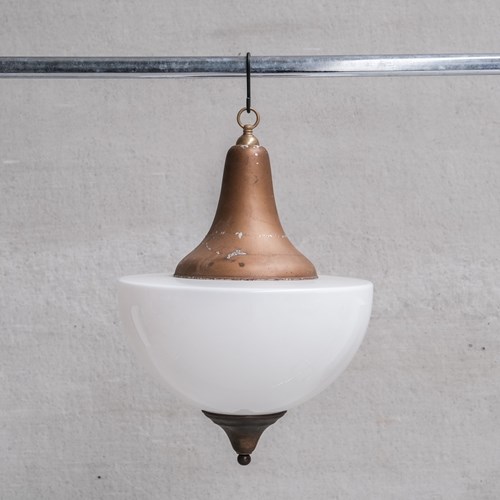 Large Mid-Century Metal And Opaline Glass French Pendant Light