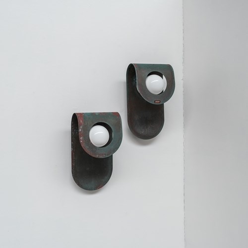 Pair Of Patinated Copper Danish Wall Lights By Horn