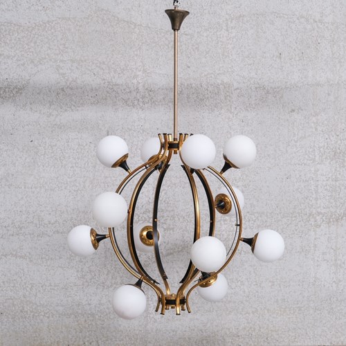 Stilnovo Mid-Century Italian Brass And Opaline Globe Chandelier 